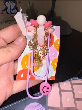 Pink & Lavender Smiley Charm Giant Bookmark Clip with Gold Accents